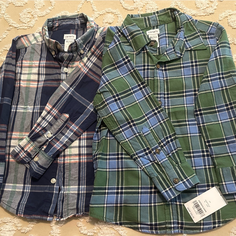 Carter's Boys Plaid Button-Down Shirts - Green & Navy